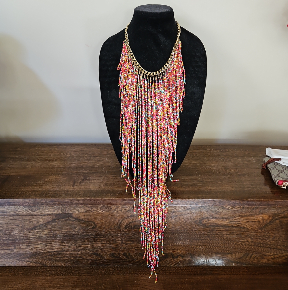 Multi-Color Seed Bead Fringe Statement Choker - Gold Chain